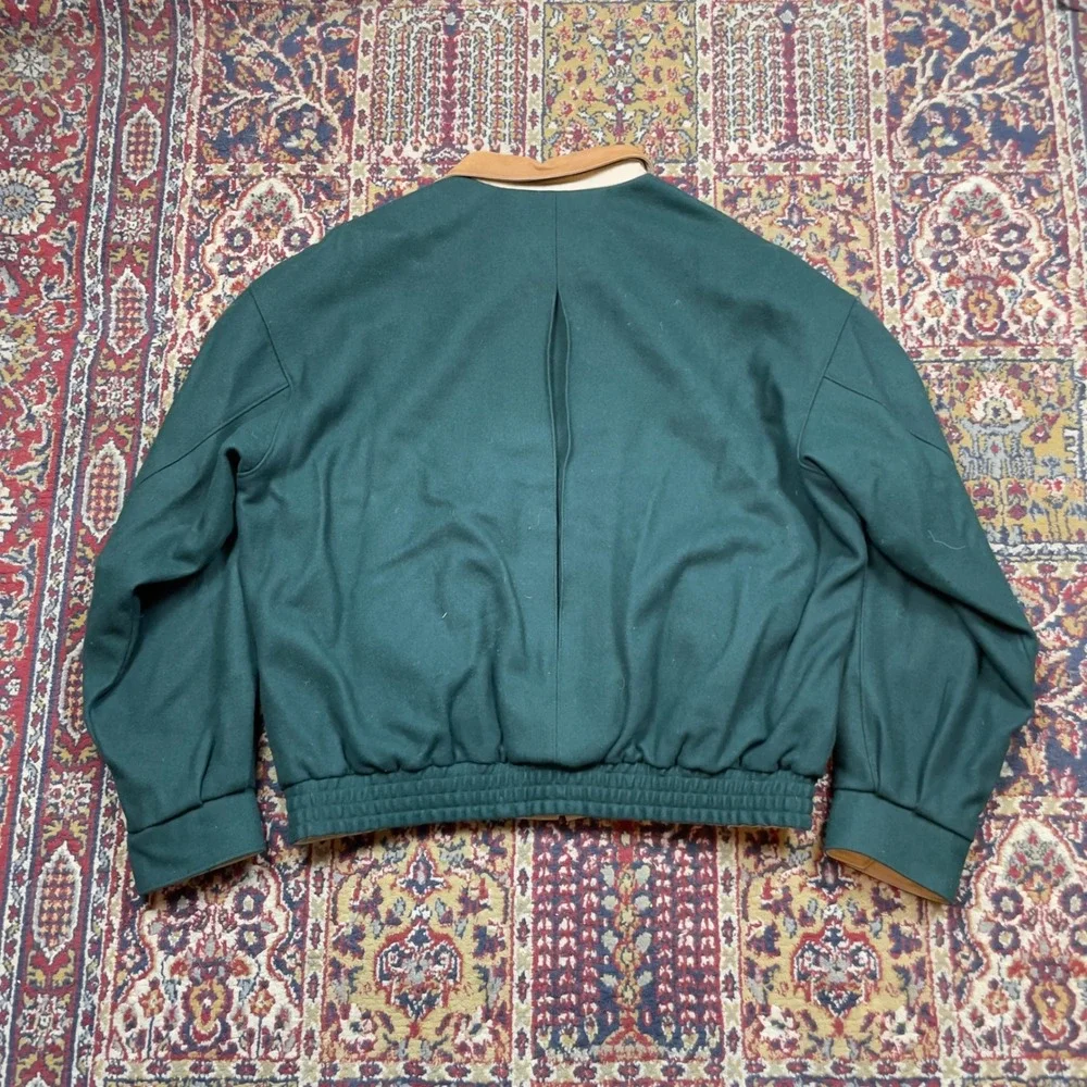 VTG 80s 90s Bullock & Jones Wool Leather Trim Bomber Jacket Green 44 Harrington - Picture 2 of 8